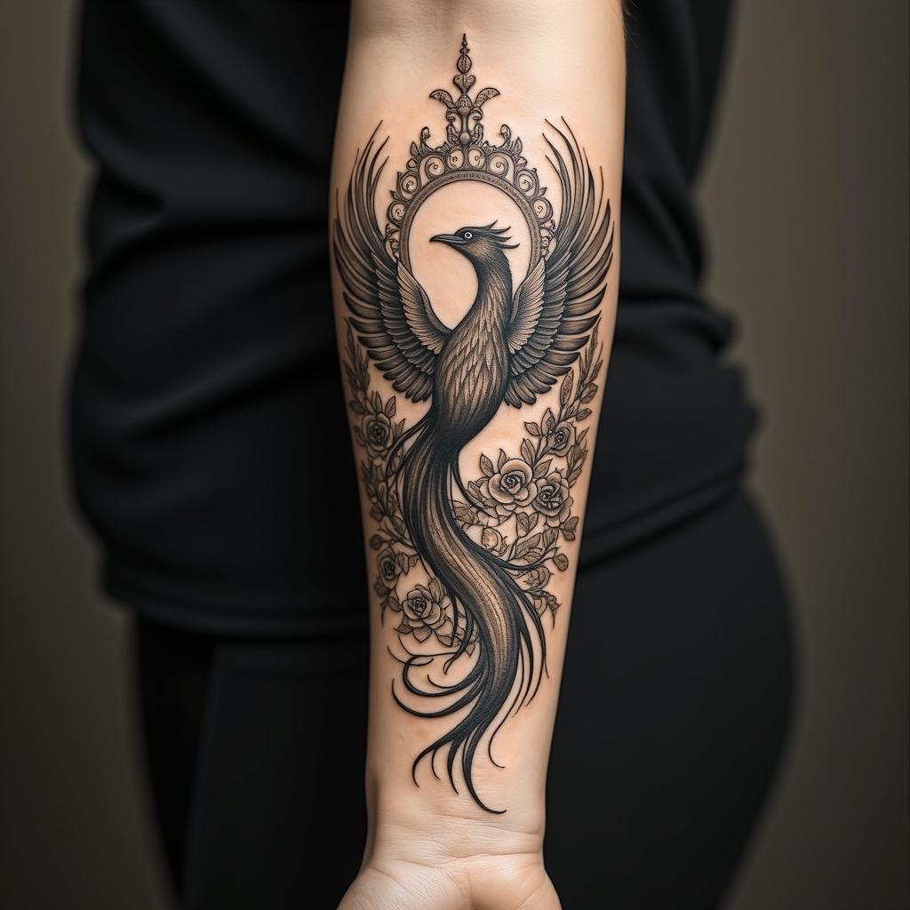Phoenix, flames, feathersin victorian style tattoo, featuring vintage and elegant elements, ornate frames, roses, antique, sepia-toned color scheme - Variation 3