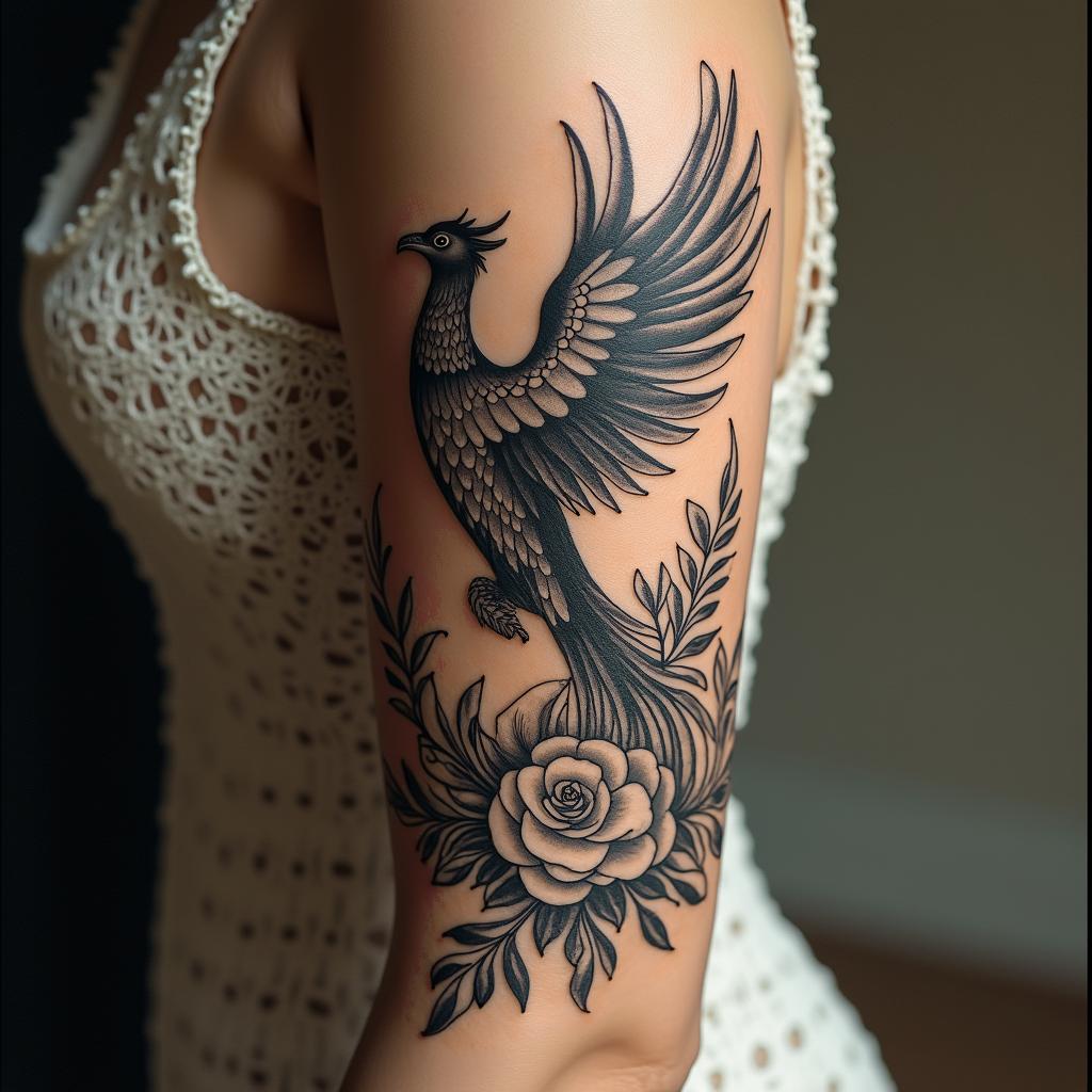 Phoenix, flames, feathersin victorian style tattoo, featuring vintage and elegant elements, ornate frames, roses, antique, sepia-toned color scheme - Variation 4