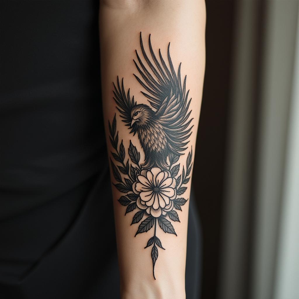 Phoenix, flames, feathersin victorian style tattoo, featuring vintage and elegant elements, ornate frames, roses, antique, sepia-toned color scheme - Variation 2