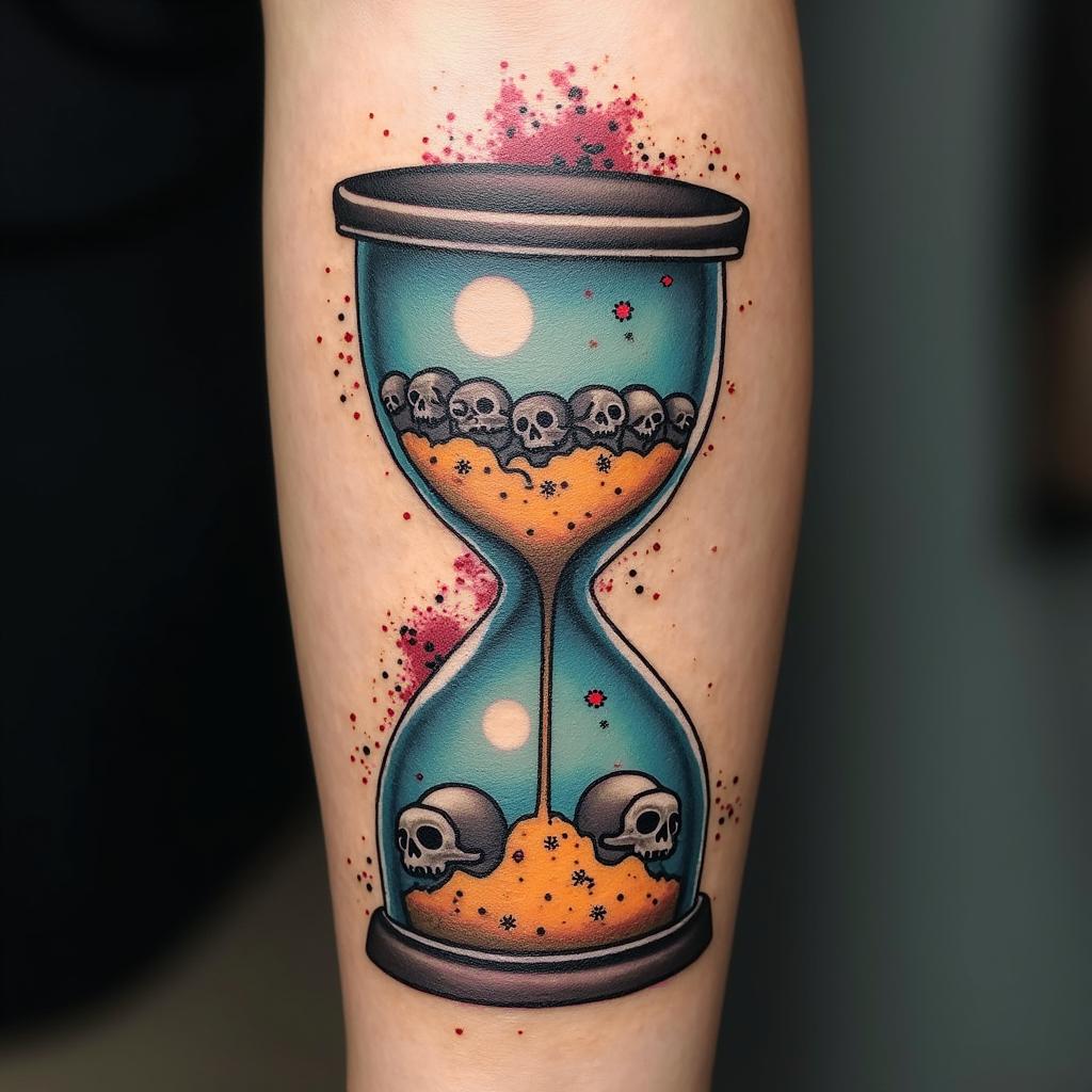 Hourglass with sand and skullsin graffiti style tattoo, featuring bold and dynamic street art elements, spray-paint texture with exaggerated lines and expressive, chaotic brushstrokes, intricate lettering incorporated with graffiti tags, symbols like hearts, stars, and wings - Variation 3