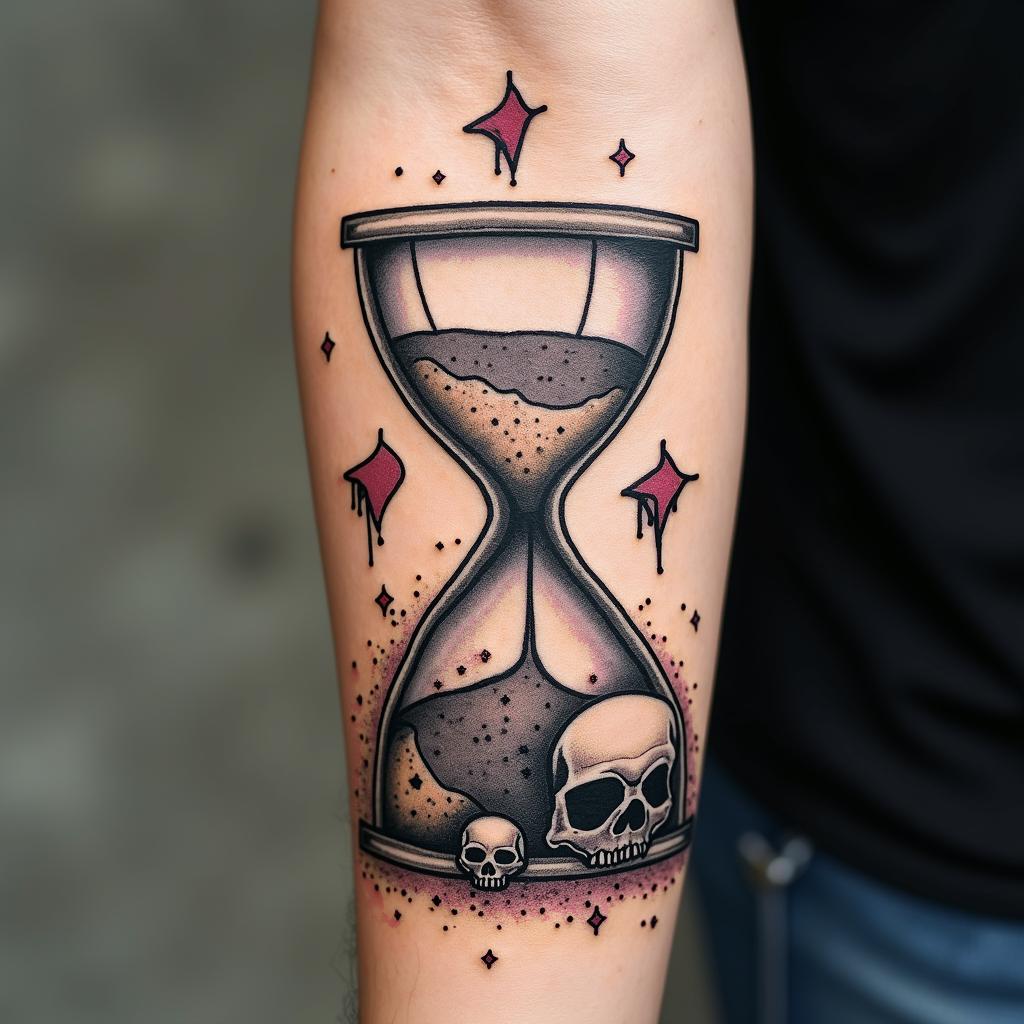 Hourglass with sand and skullsin graffiti style tattoo, featuring bold and dynamic street art elements, spray-paint texture with exaggerated lines and expressive, chaotic brushstrokes, intricate lettering incorporated with graffiti tags, symbols like hearts, stars, and wings - Variation 4