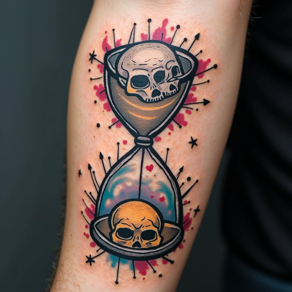Hourglass with sand and skullsin graffiti style tattoo, featuring bold and dynamic street art elements, spray-paint texture with exaggerated lines and expressive, chaotic brushstrokes, intricate lettering incorporated with graffiti tags, symbols like hearts, stars, and wings - Variation 2