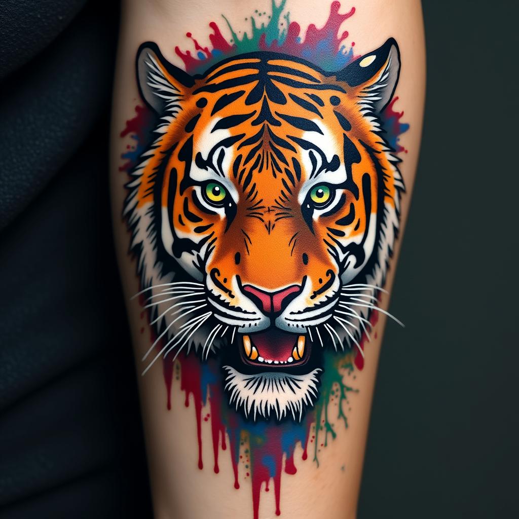 Tiger with intense eyes in a junglein graffiti style tattoo, featuring bold and dynamic street art elements, spray-paint texture with exaggerated lines and expressive, chaotic brushstrokes, intricate lettering incorporated with graffiti tags, symbols like hearts, stars, and wings - Variation 2