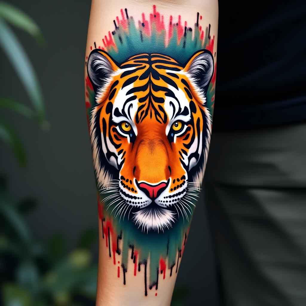 Tiger with intense eyes in a junglein graffiti style tattoo, featuring bold and dynamic street art elements, spray-paint texture with exaggerated lines and expressive, chaotic brushstrokes, intricate lettering incorporated with graffiti tags, symbols like hearts, stars, and wings