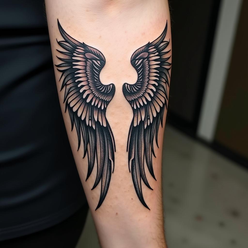 Angel wings with detailed feathersin graffiti style tattoo, featuring bold and dynamic street art elements, spray-paint texture with exaggerated lines and expressive, chaotic brushstrokes, intricate lettering incorporated with graffiti tags, symbols like hearts, stars, and wings - Variation 2