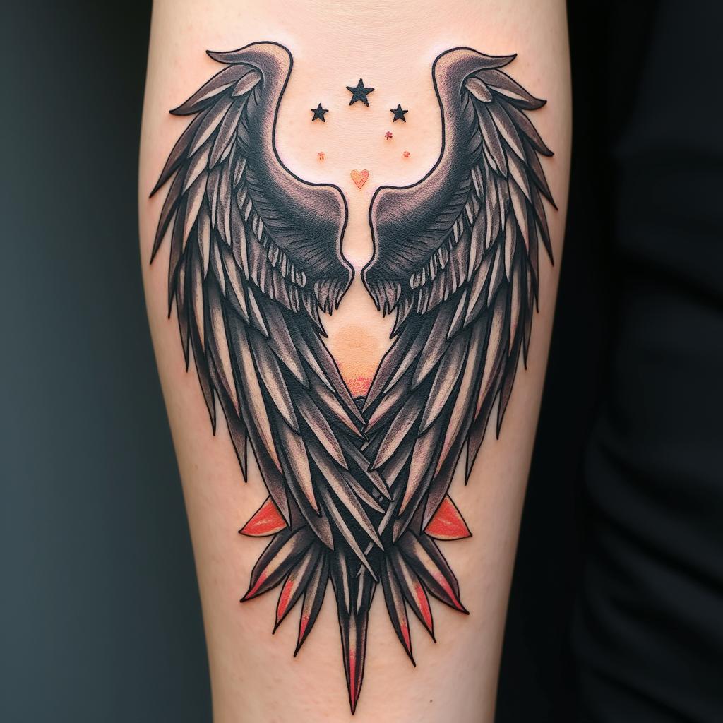 Angel wings with detailed feathersin graffiti style tattoo, featuring bold and dynamic street art elements, spray-paint texture with exaggerated lines and expressive, chaotic brushstrokes, intricate lettering incorporated with graffiti tags, symbols like hearts, stars, and wings - Variation 4