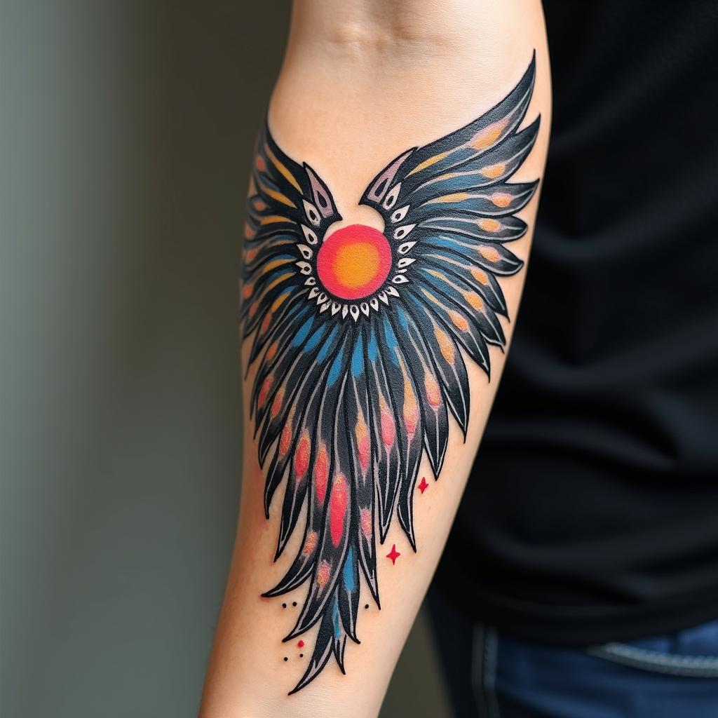 Angel wings with detailed feathersin graffiti style tattoo, featuring bold and dynamic street art elements, spray-paint texture with exaggerated lines and expressive, chaotic brushstrokes, intricate lettering incorporated with graffiti tags, symbols like hearts, stars, and wings - Variation 3