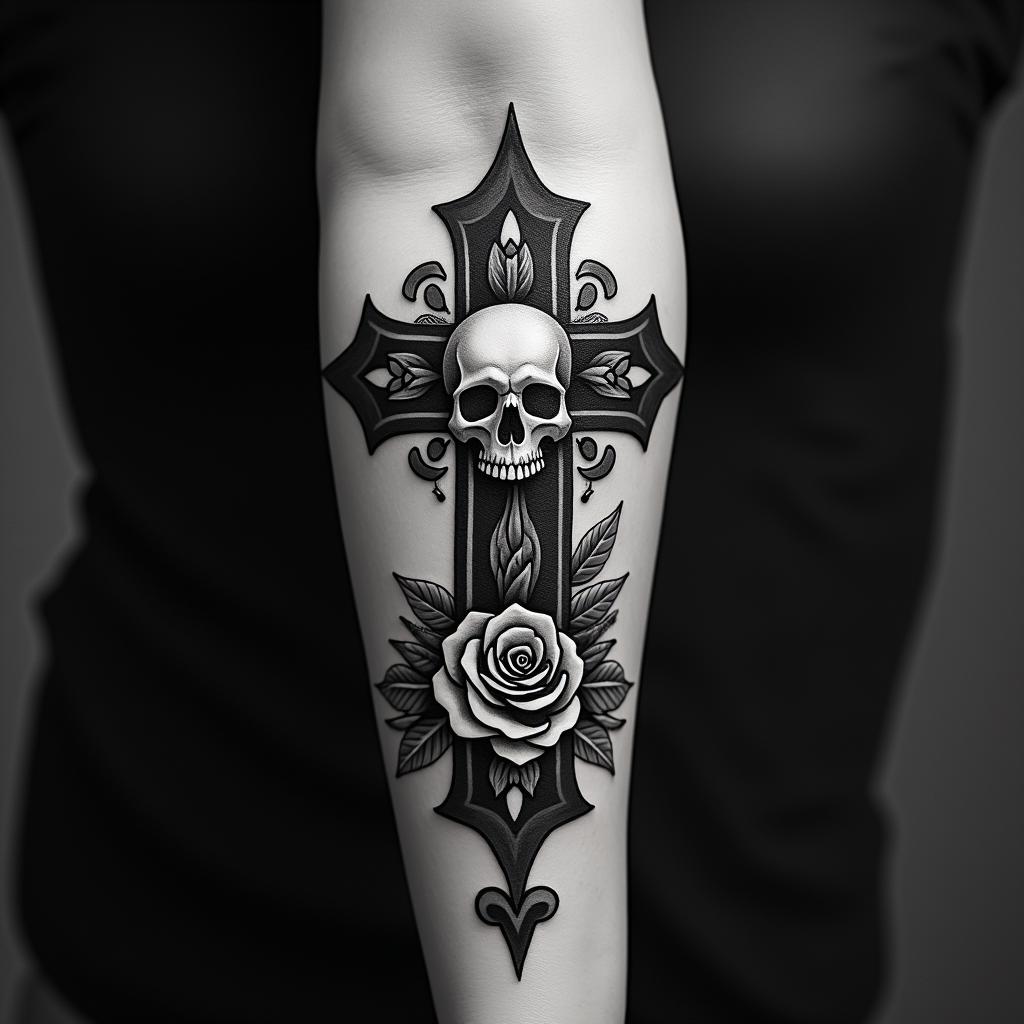 Phoenixin chicano style tattoo, featuring intricate black and grey shading, bold elements of traditional chicano culture symbols, add a big cross with skull, chains and roses - Variation 2