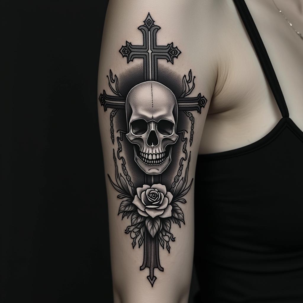 Phoenixin chicano style tattoo, featuring intricate black and grey shading, bold elements of traditional chicano culture symbols, add a big cross with skull, chains and roses - Variation 4