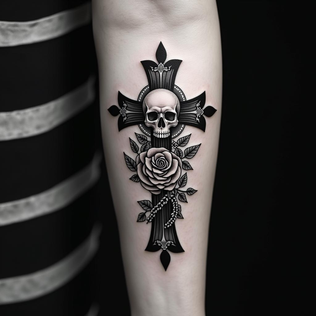 Phoenixin chicano style tattoo, featuring intricate black and grey shading, bold elements of traditional chicano culture symbols, add a big cross with skull, chains and roses - Variation 3