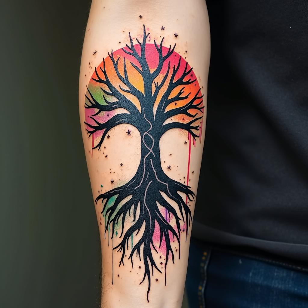 Tree of life with roots and branchesin graffiti style tattoo, featuring bold and dynamic street art elements, spray-paint texture with exaggerated lines and expressive, chaotic brushstrokes, intricate lettering incorporated with graffiti tags, symbols like hearts, stars, and wings - Variation 3