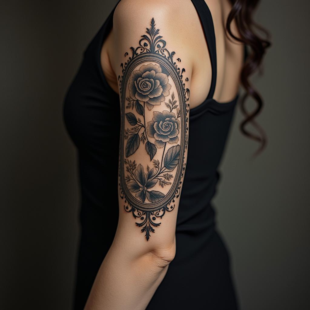 Phoenixin victorian style tattoo, featuring vintage and elegant elements, ornate frames, roses, antique, sepia-toned color scheme - Variation 6