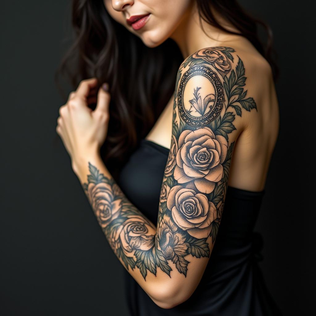 Phoenixin victorian style tattoo, featuring vintage and elegant elements, ornate frames, roses, antique, sepia-toned color scheme - Variation 5