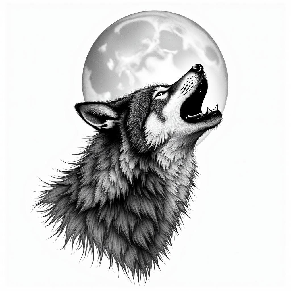 Howling wolf under a full moonin bohemian style tattoo, 8k