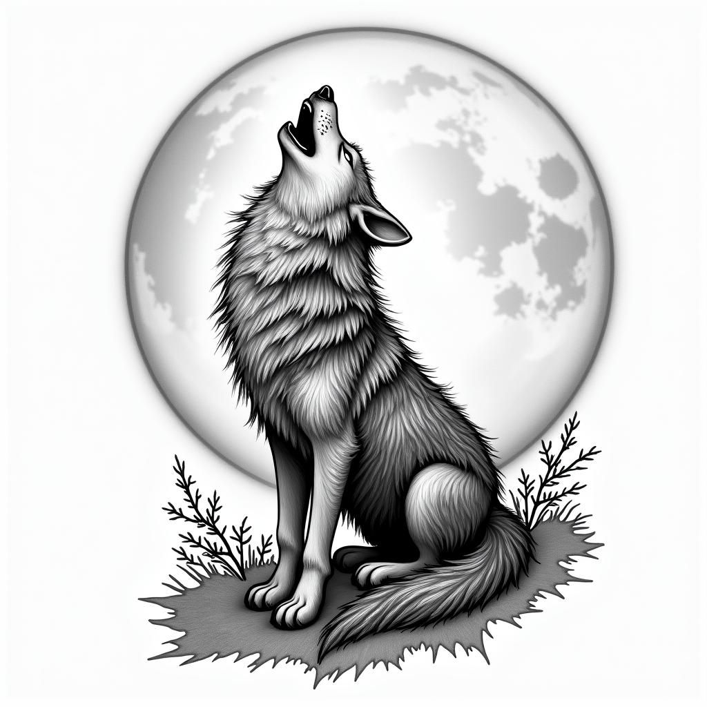 Howling wolf under a full moonin bohemian style tattoo, 8k - Variation 2