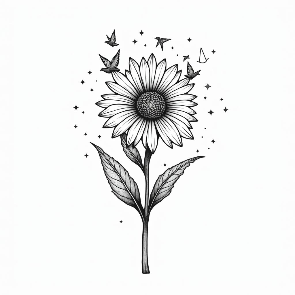 Marigold, Daffodil, Carnation with birdsin minimalist style tattoo, featuring simple shapes and fine lines, with minimal shading and details, tiny triangles, creating a sense of balance and harmony - Variation 7