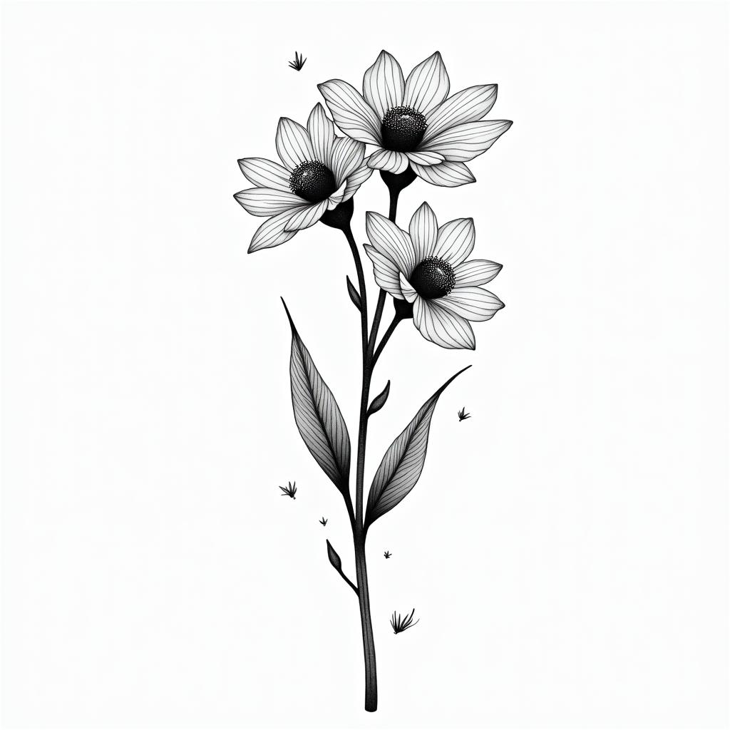 Marigold, Daffodil, Carnation with birdsin minimalist style tattoo, featuring simple shapes and fine lines, with minimal shading and details, tiny triangles, creating a sense of balance and harmony - Variation 8