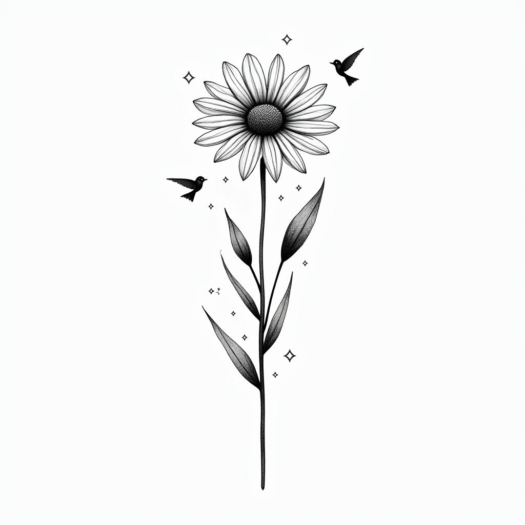 Marigold, Daffodil, Carnation with birdsin minimalist style tattoo, featuring simple shapes and fine lines, with minimal shading and details, tiny triangles, creating a sense of balance and harmony - Variation 4