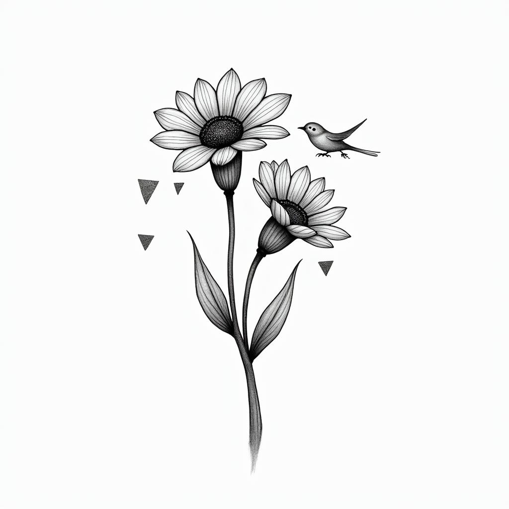 Marigold, Daffodil, Carnation with birdsin minimalist style tattoo, featuring simple shapes and fine lines, with minimal shading and details, tiny triangles, creating a sense of balance and harmony - Variation 3