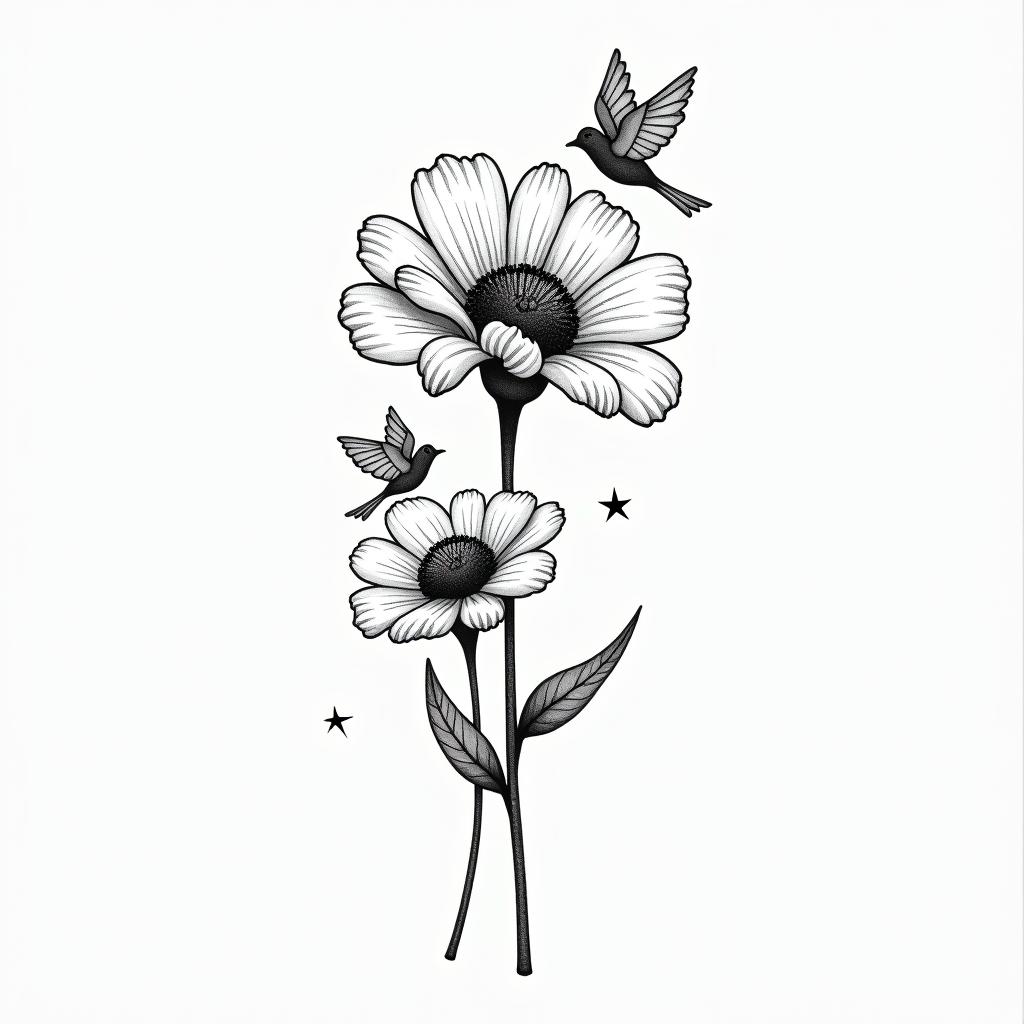 Marigold, Daffodil, Carnation with birdsin minimalist style tattoo, featuring simple shapes and fine lines, with minimal shading and details, tiny triangles, creating a sense of balance and harmony - Variation 2
