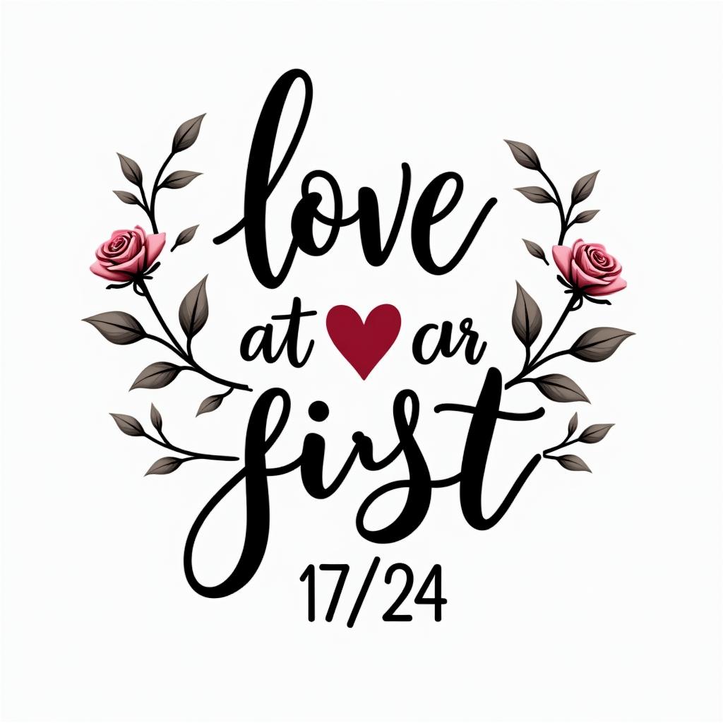 Love at first sight 17/07/24 infinitein elegant cursive calligraphy style 2d tattoo, decorate with roses, featuring a smooth and flowing handwritten script with slightly thickened strokes for a luxurious and bold appearance,  heart symbol between names,  sleek and glossy black text with shadowing, minimalist matte white background, clean and sharp edges, illuminated with soft lighting, romantic, 8k, high-quality textures with refined typography - Variation 3