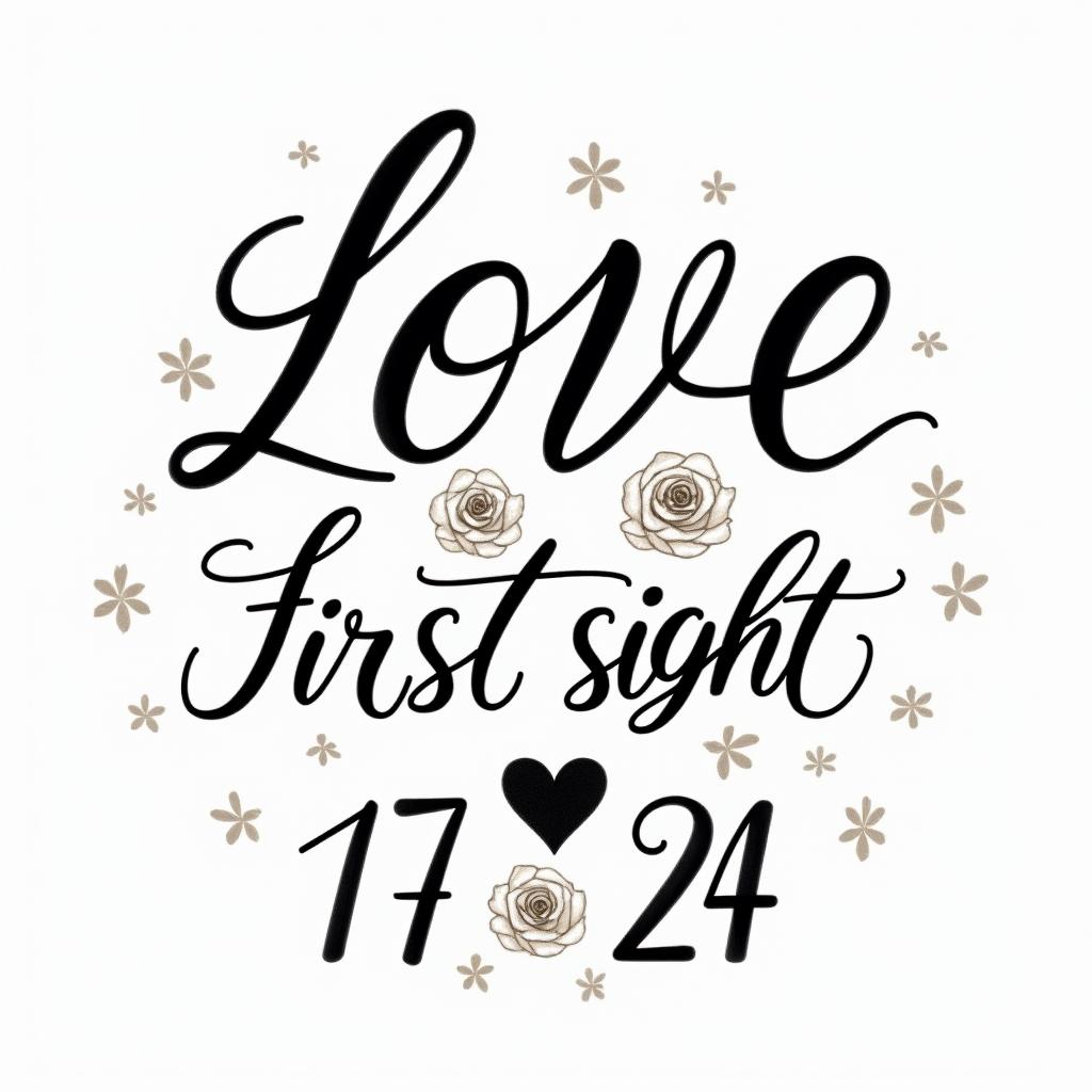 Love at first sight 17/07/24 infinitein elegant cursive calligraphy style 2d tattoo, decorate with roses, featuring a smooth and flowing handwritten script with slightly thickened strokes for a luxurious and bold appearance, heart symbol between names, sleek and glossy black text with shadowing, minimalist matte white background, clean and sharp edges, illuminated with soft lighting, romantic, 8k, high-quality textures with refined typography