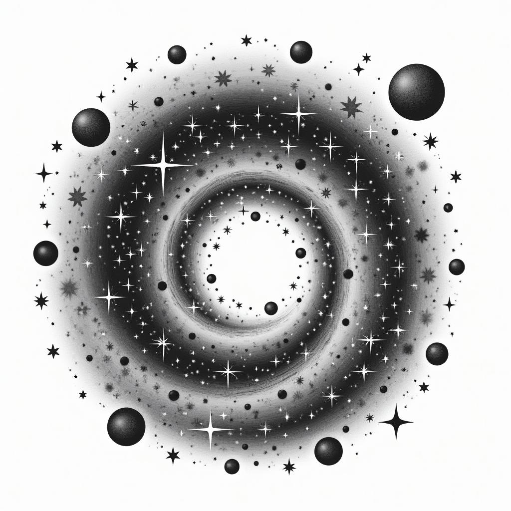 Spiral galaxy with stars and planetstext-based tattoo, japanese font ultra-realistic, perfectly placed, high-quality font design, photo-realistic shading, 8k, high quality, finely detailed typograph
