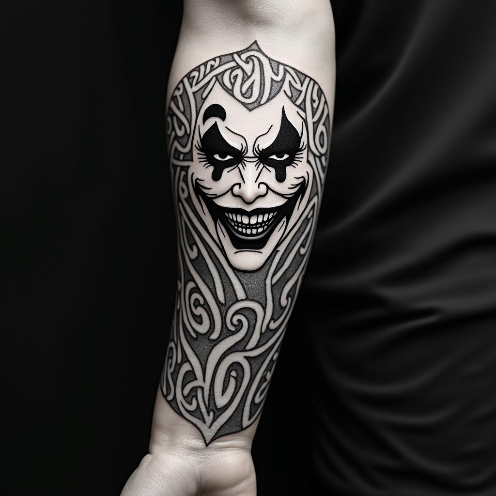 The Joker with a menacing smilein tribal tattoo style, featuring bold and black geometric shapes, curved lines, intertwine and flow seamlessly, creating a powerful and symbolic design, polynesian and maori styles - Variation 6
