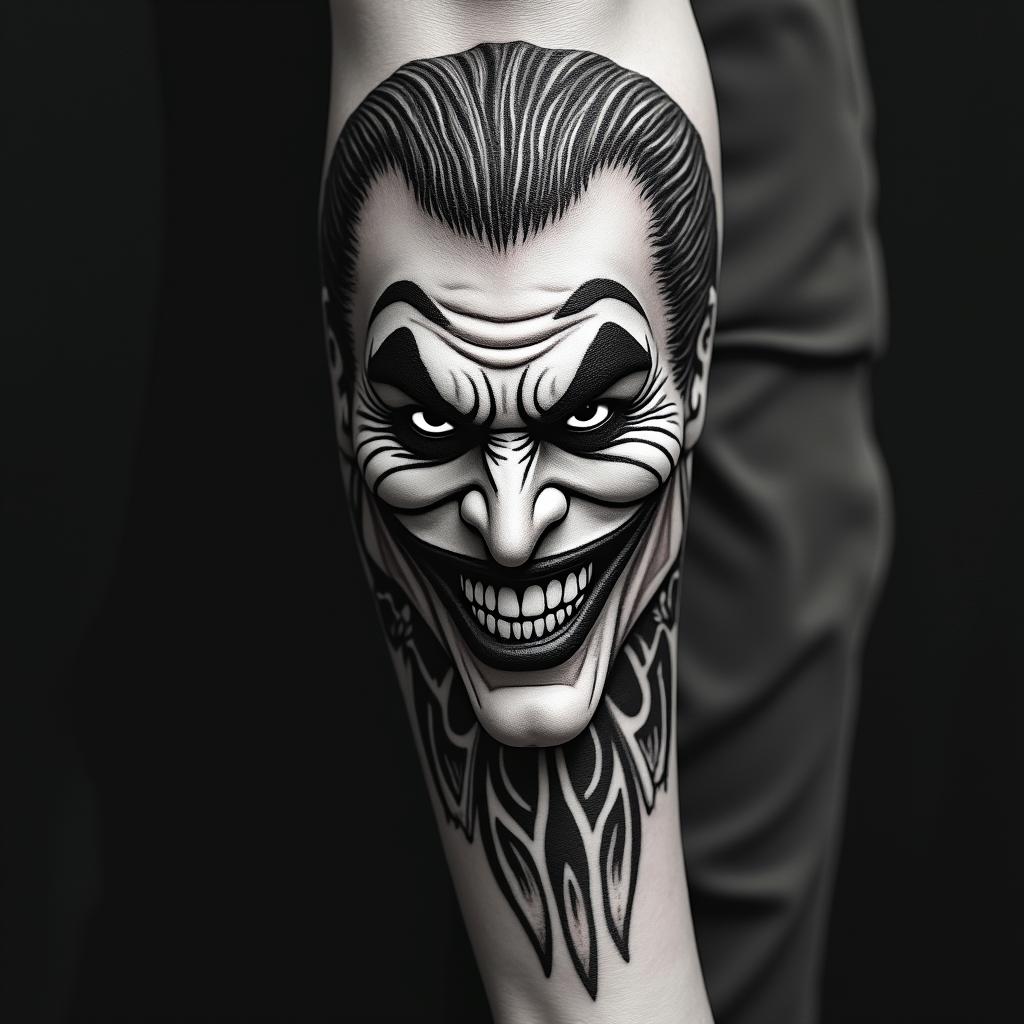 The Joker with a menacing smilein tribal tattoo style, featuring bold and black geometric shapes, curved lines, intertwine and flow seamlessly, creating a powerful and symbolic design, polynesian and maori styles - Variation 7