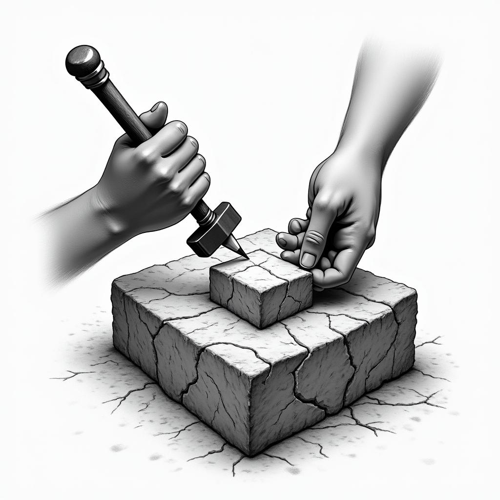 Design two hands, a hammer in one hand and a stonecutter's pencil in the other, carving raw stone. The stone should be rough but cube-shaped. A smooth, smooth cube of stone comes out of it and shines light around.higly detailed tattoo - Variation 5