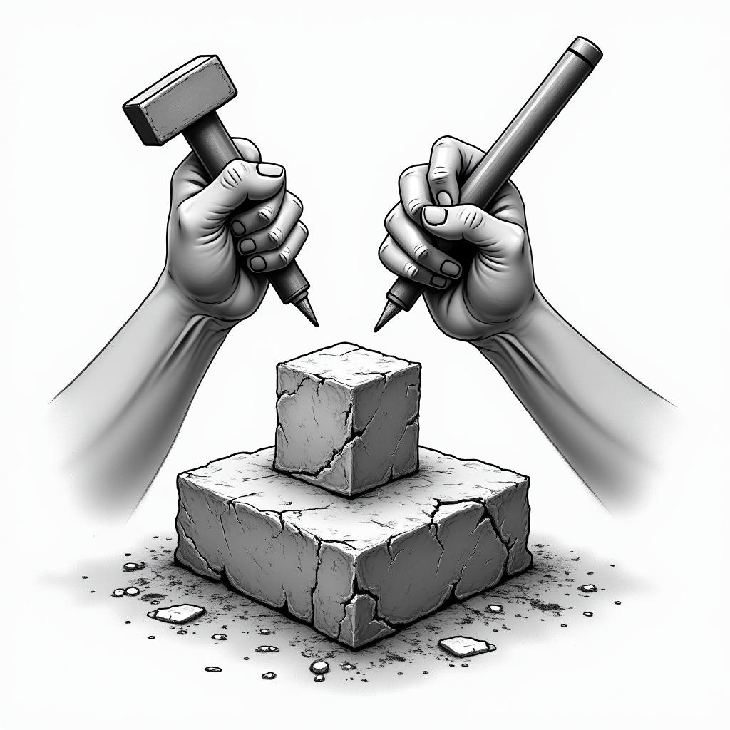 Design two hands, a hammer in one hand and a stonecutter's pencil in the other, carving raw stone. The stone should be rough but cube-shaped. A smooth, smooth cube of stone comes out of it and shines light around.higly detailed tattoo - Variation 6
