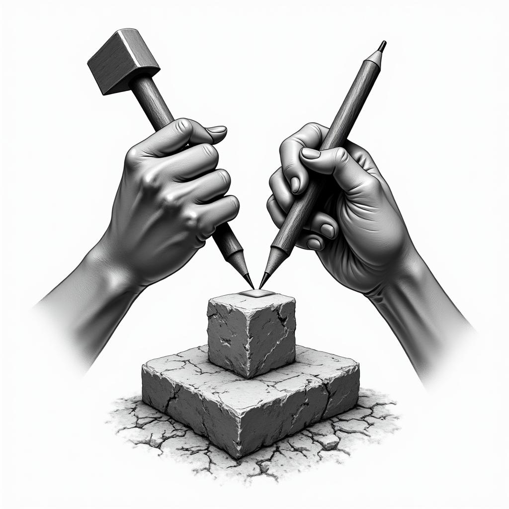 Design two hands, a hammer in one hand and a stonecutter's pencil in the other, carving raw stone. The stone should be rough but cube-shaped. A smooth, smooth cube of stone comes out of it and shines light around.higly detailed tattoo - Variation 4