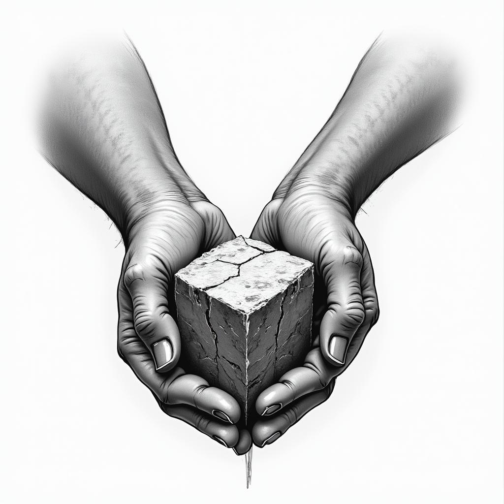 Design two hands, a hammer in one hand and a stonecutter's pencil in the other, carving raw stone. The stone should be rough but cube-shaped. A smooth, smooth cube of stone comes out of it and shines light around.higly detailed tattoo - Variation 2