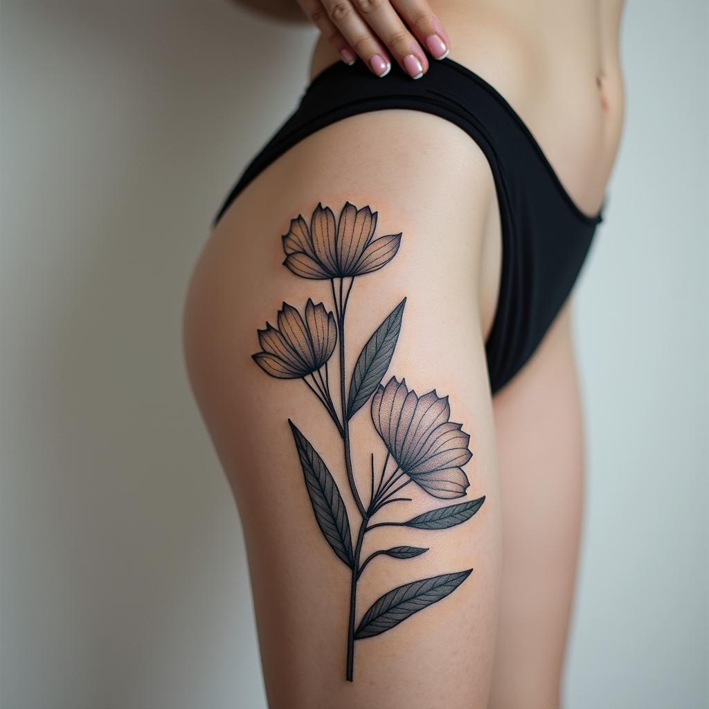 A Marigold, a daffodil, and a Carnation intertwined with birds aroundin minimalist style tattoo, featuring simple shapes and fine lines, with minimal shading and details, tiny triangles, creating a sense of balance and harmony - Variation 2