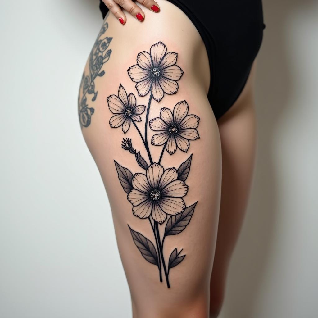 A Marigold, a daffodil, and a Carnation intertwined with birds aroundin minimalist style tattoo, featuring simple shapes and fine lines, with minimal shading and details, tiny triangles, creating a sense of balance and harmony - Variation 4