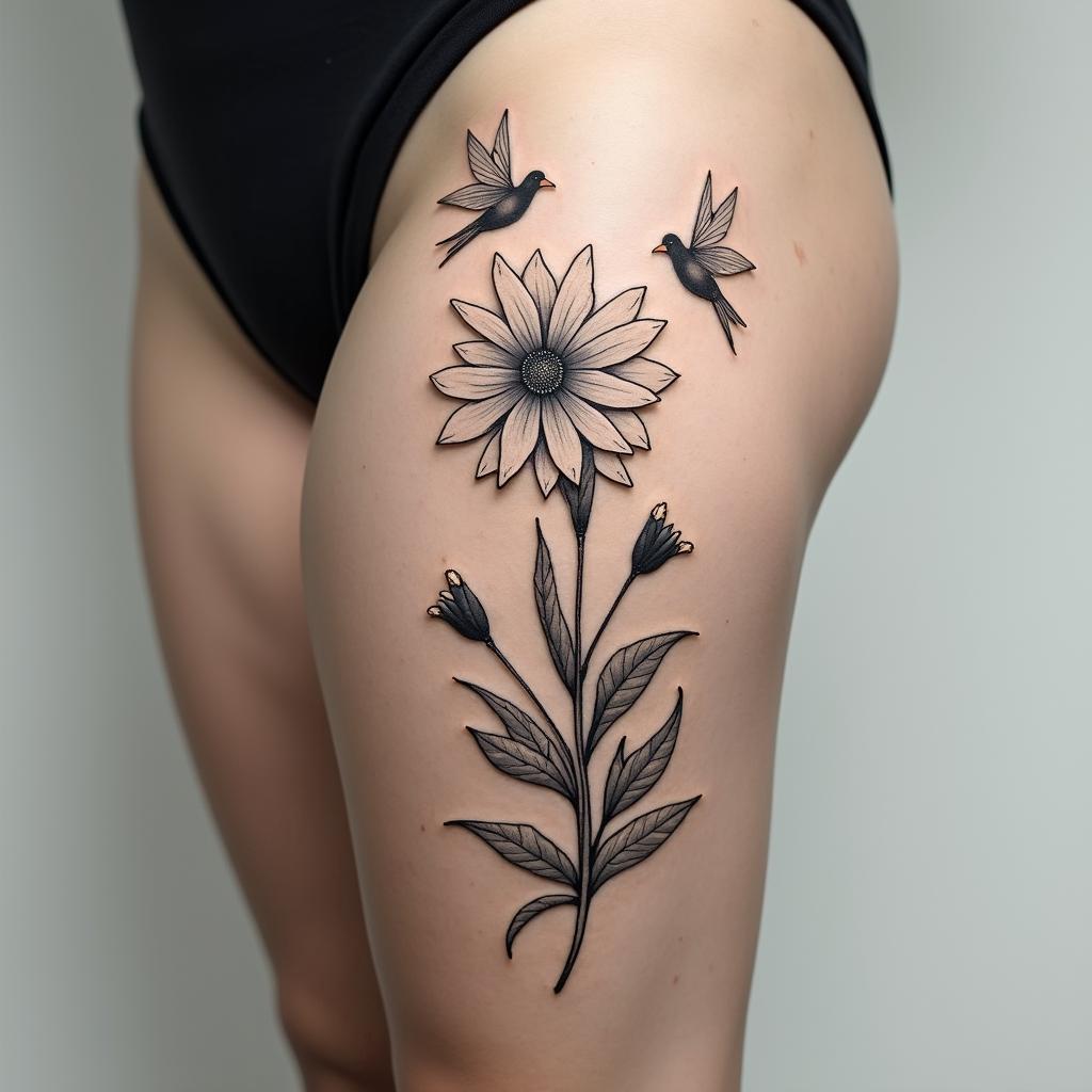 A Marigold, a daffodil, and a Carnation intertwined with birds aroundin minimalist style tattoo, featuring simple shapes and fine lines, with minimal shading and details, tiny triangles, creating a sense of balance and harmony - Variation 3