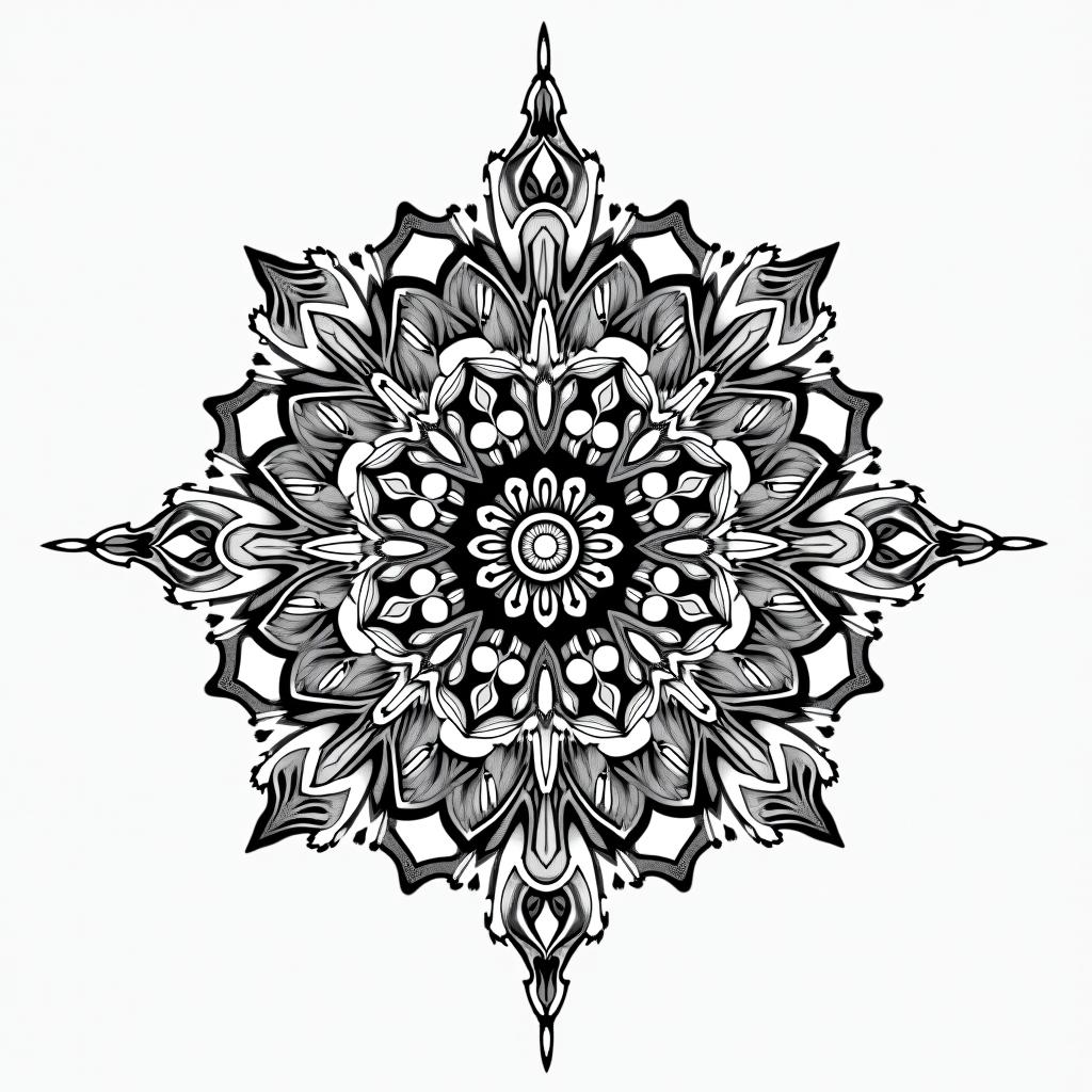 Myla 14/07/2025 pridesin dotwork style tattoo, complex mandala patterns, interlocking geometric shapes with sharp symmetry, clean lines, sharp angles - Variation 2