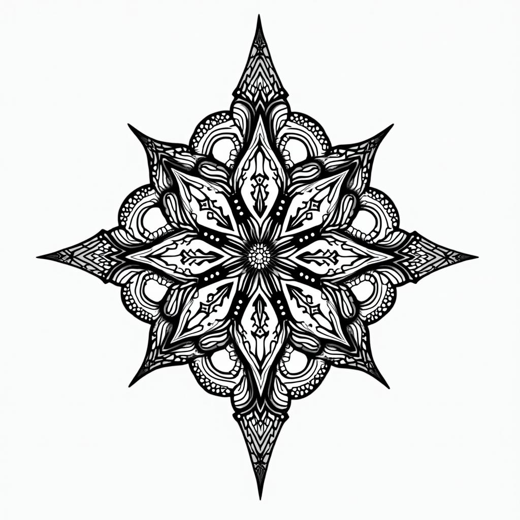 Myla 14/07/2025 pridesin dotwork style tattoo, complex mandala patterns, interlocking geometric shapes with sharp symmetry, clean lines, sharp angles