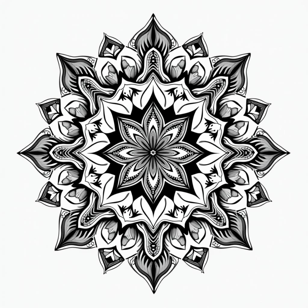 Myla 14/07/2025 pridesin dotwork style tattoo, complex mandala patterns, interlocking geometric shapes with sharp symmetry, clean lines, sharp angles - Variation 3