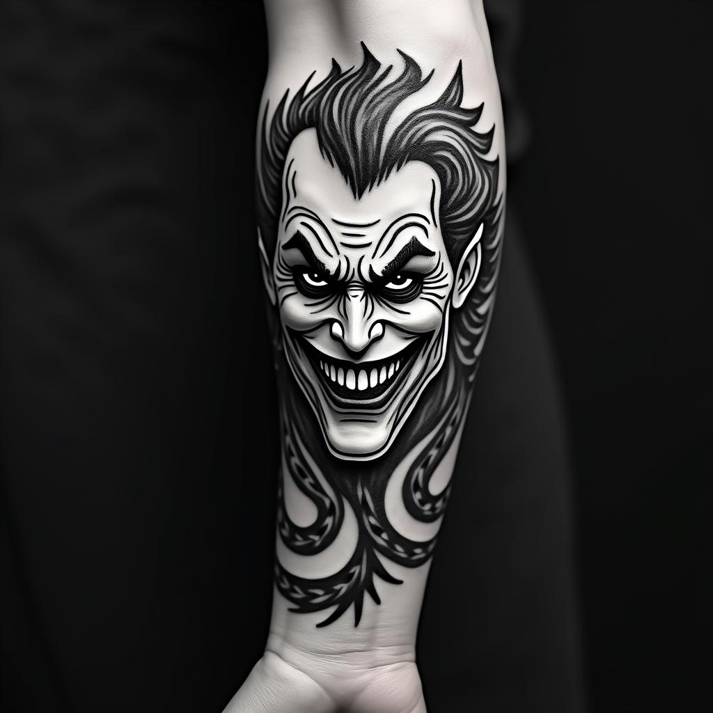 The Joker with a menacing smilein tribal tattoo style, featuring bold and black geometric shapes, curved lines, intertwine and flow seamlessly, creating a powerful and symbolic design, polynesian and maori styles - Variation 4