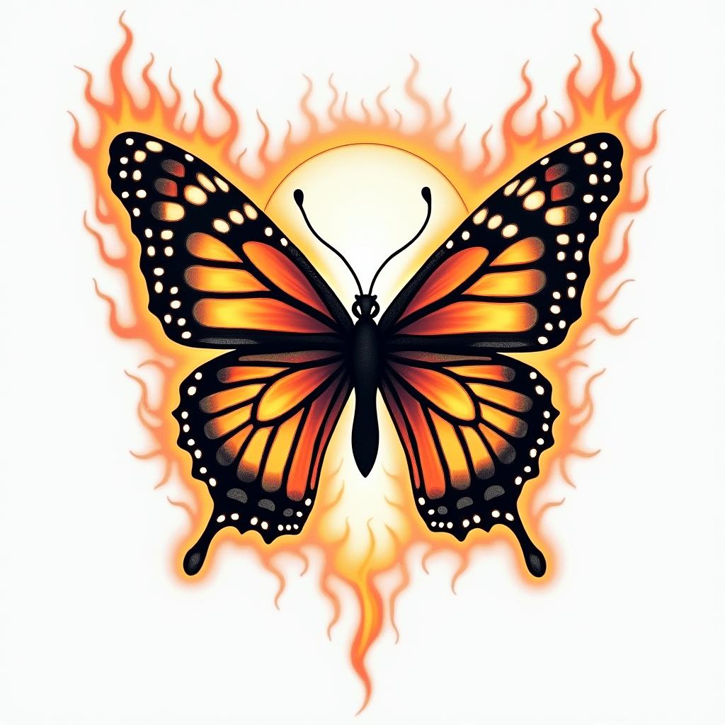 butterfly with half moon and flamesin flame tattoo style showcasing fiery elements with dynamic flame patterns, glowing effect of flames, natural colors - Variation 1