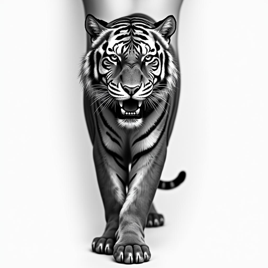A tiger at the level of a calfhigly detailed tattoo