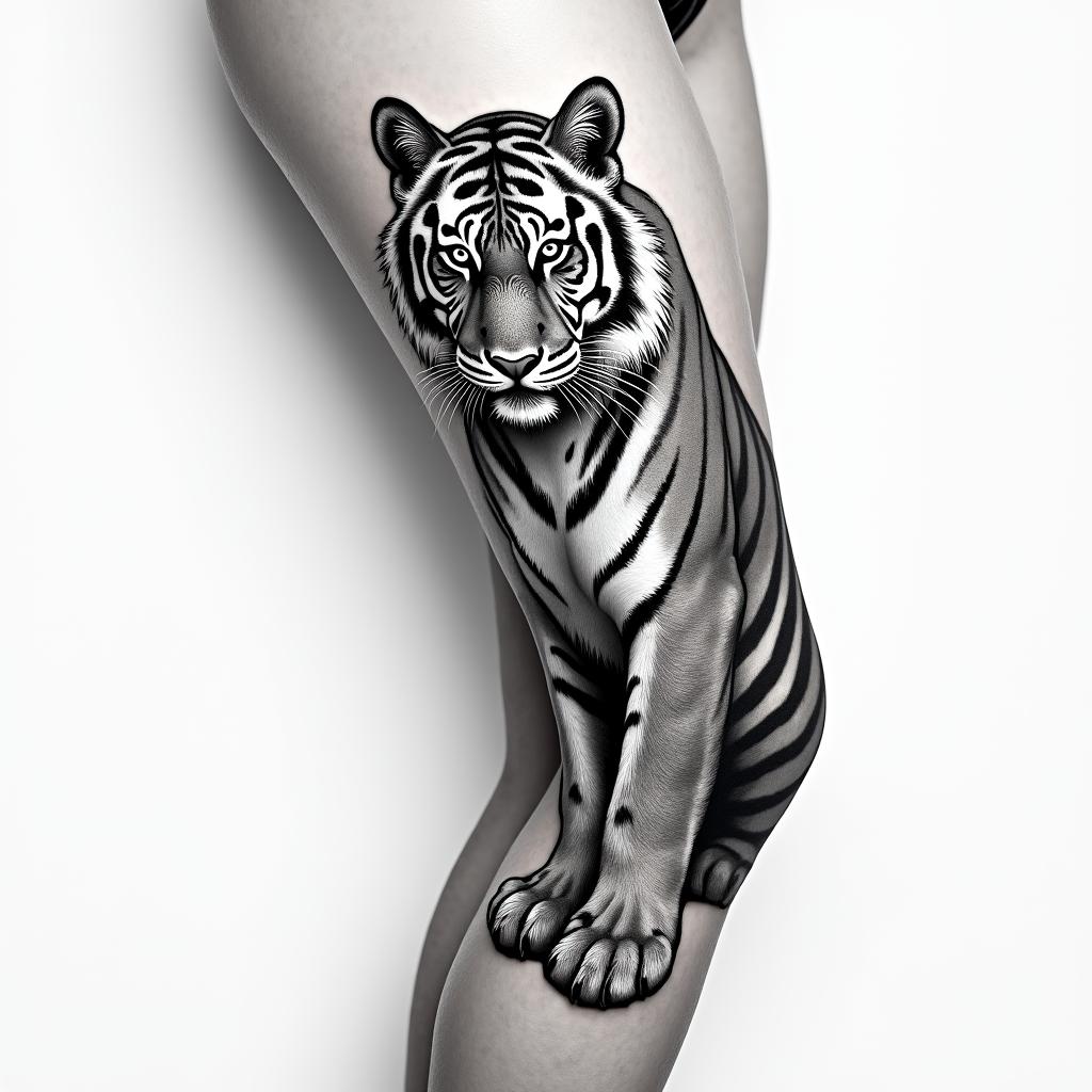 A tiger at the level of a calfhigly detailed tattoo - Variation 3