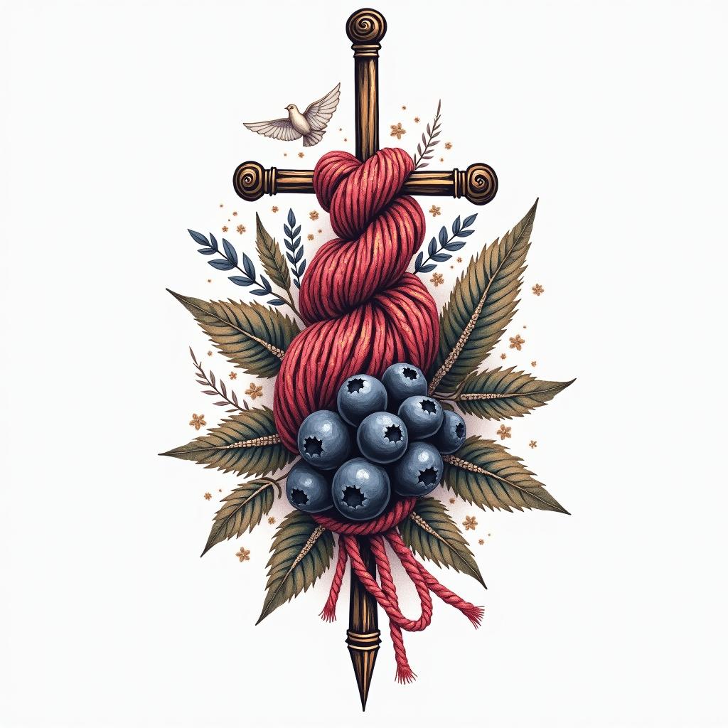 A heartfelt tribute tattoo featuring knitting needles entwined with vibrant yarn, alongside a beautifully painted blackberry cluster. Incorporate a delicate cross and a dove symbolizing Christianity, all intertwined in a warm and nostalgic design that reflects love and fond memories of a beloved grandmother.higly detailed tattoo - Variation 2