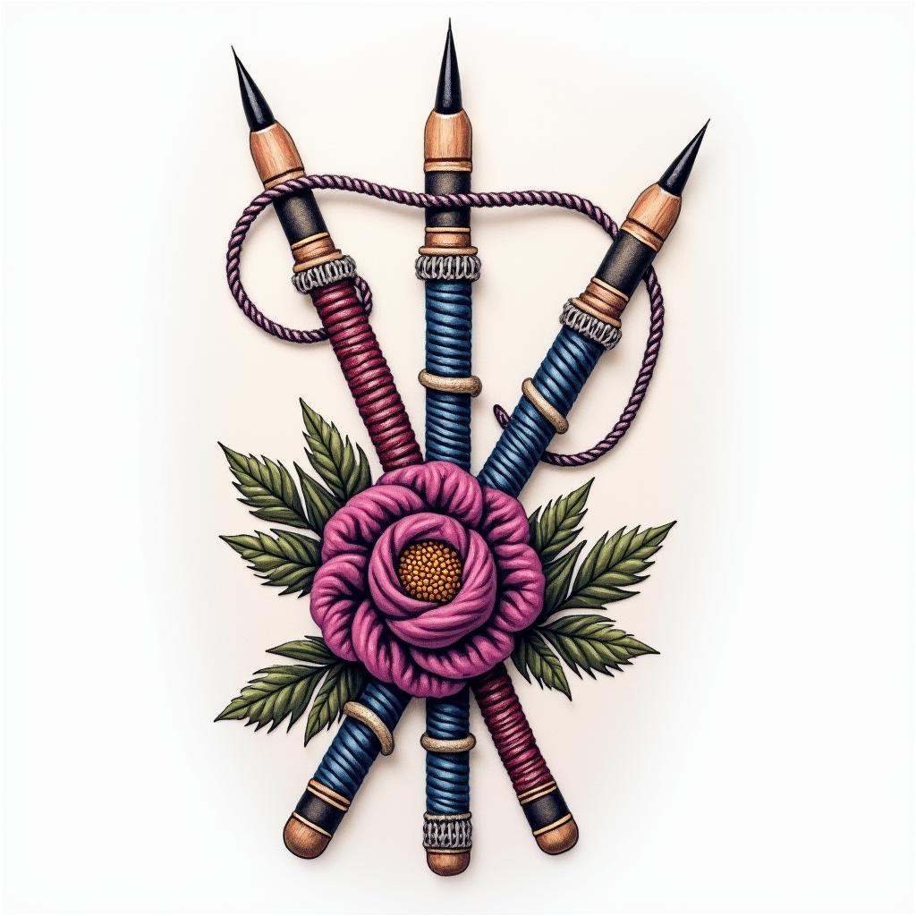 A heartfelt tribute tattoo featuring knitting needles entwined with vibrant yarn, alongside a beautifully painted blackberry cluster. Incorporate a delicate cross and a dove symbolizing Christianity, all intertwined in a warm and nostalgic design that reflects love and fond memories of a beloved grandmother.higly detailed tattoo