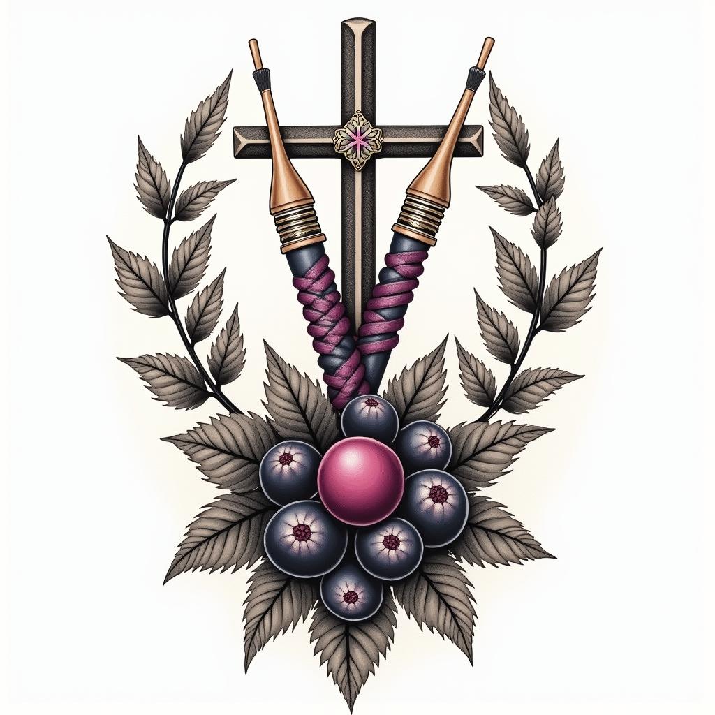 A heartfelt tribute tattoo featuring knitting needles entwined with vibrant yarn, alongside a beautifully painted blackberry cluster. Incorporate a delicate cross and a dove symbolizing Christianity, all intertwined in a warm and nostalgic design that reflects love and fond memories of a beloved grandmother.higly detailed tattoo - Variation 3