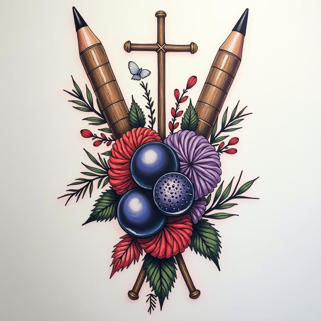 A heartfelt tribute tattoo featuring knitting needles entwined with vibrant yarn, alongside a beautifully painted blackberry cluster. Incorporate a delicate cross and a dove symbolizing Christianity, all intertwined in a warm and nostalgic design that reflects love and fond memories of a beloved grandmother.higly detailed tattoo - Variation 4