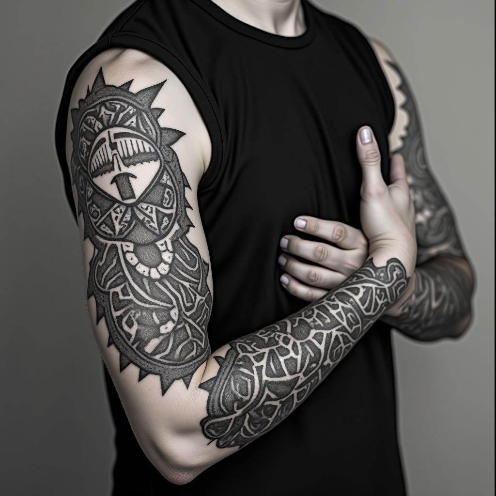 Tribalin authentic tattoo style, incorporating traditional modifications, bold black outlines, solid color fills, featuring classic authentic elements - Variation 3