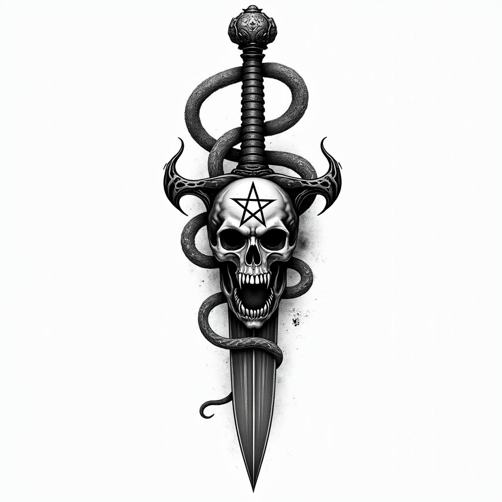 Sharp gothic ragged edge sword with snake around the hiltcreepy horror tattoo style, featuring an eerie and unsettling skull of a demonic creature, distorted face with sharp fangs, add pentagram symbol