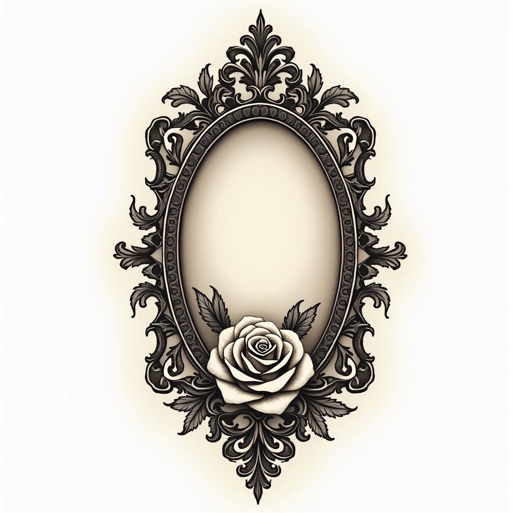 M Pokorain victorian style tattoo, featuring vintage and elegant elements, ornate frames, roses, antique, sepia-toned color scheme